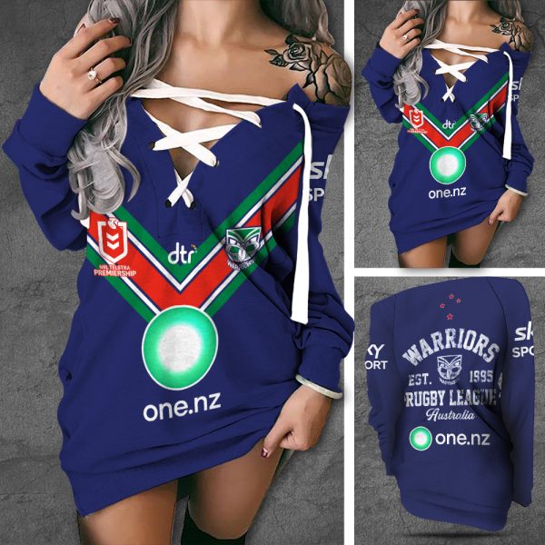 New Zealand Warriors Off Shoulder Deep V-Neck Lace Up Long Sleeve Pullover - TANTN 1877