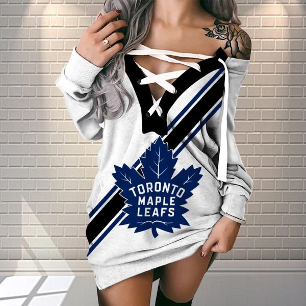 Toronto Maple Leafs Off Shoulder Deep V-Neck Lace Up Long Sleeve Pullover - TANTN 2388