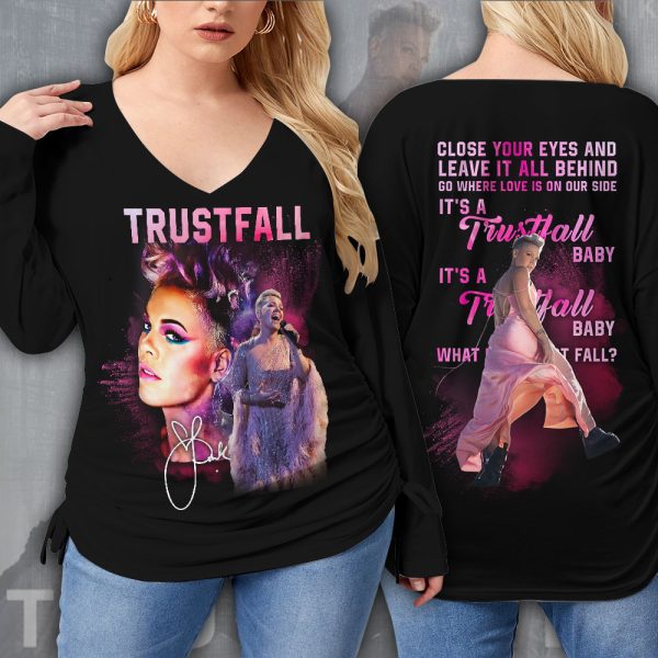P!nk V-Neck Shirt With Side Drawstring (Plus Size) - VANDH 1451