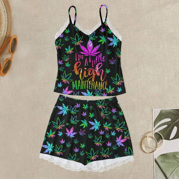 Weed 3D Cami Home Suit With Lace Edge - VANDH 1646