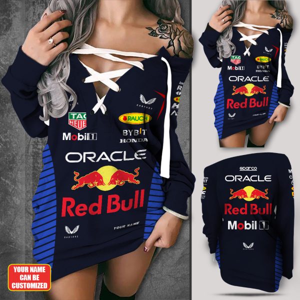 Personalized Red Bull Racing F1 Off Shoulder Deep V-Neck Lace Up Long Sleeve Pullover - TANTN 4718