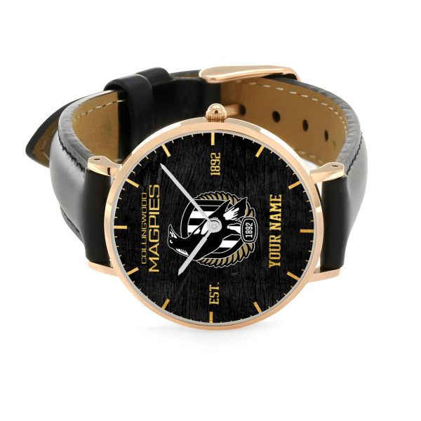 Personalized Collingwood FC Black Stitched Leather Watch - TANTN 5073