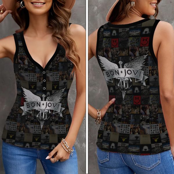 Bon Jovi Women V-Neck Ribbed Tank Top - HOATT 5230
