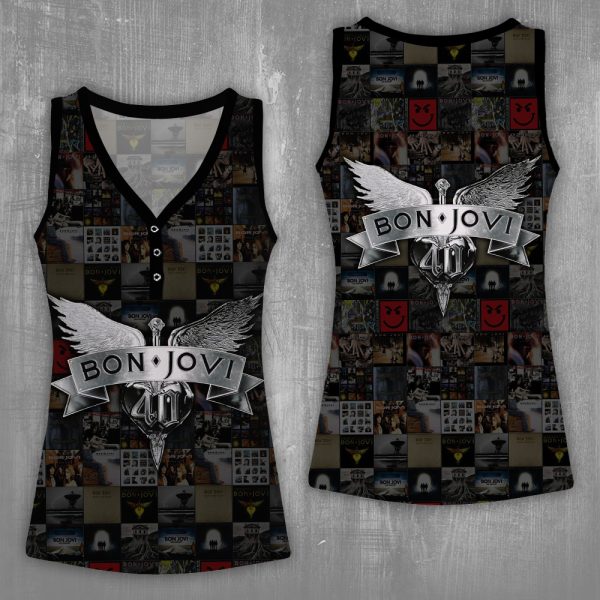 Bon Jovi Women V-Neck Ribbed Tank Top - HOATT 5230