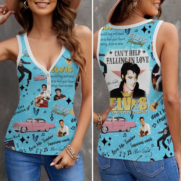 Elvis Presley Women V-Neck Ribbed Tank Top - VANDH 3044