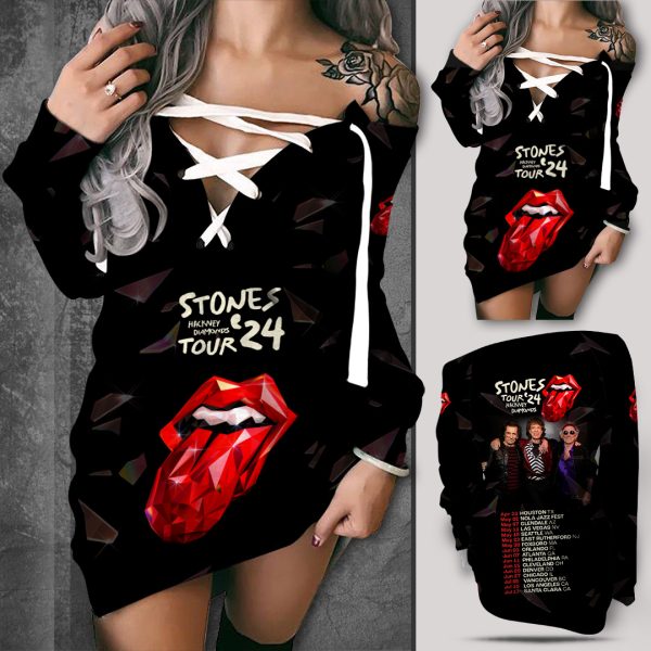 The Rolling Stones Off Shoulder Deep V-Neck Lace Up Long Sleeve Pullover - TANTN 7479
