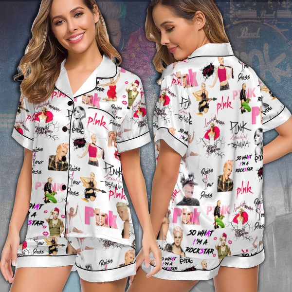 P!nk Imitation Silk Pajama Set With Short Sleeve - VANDH 3219