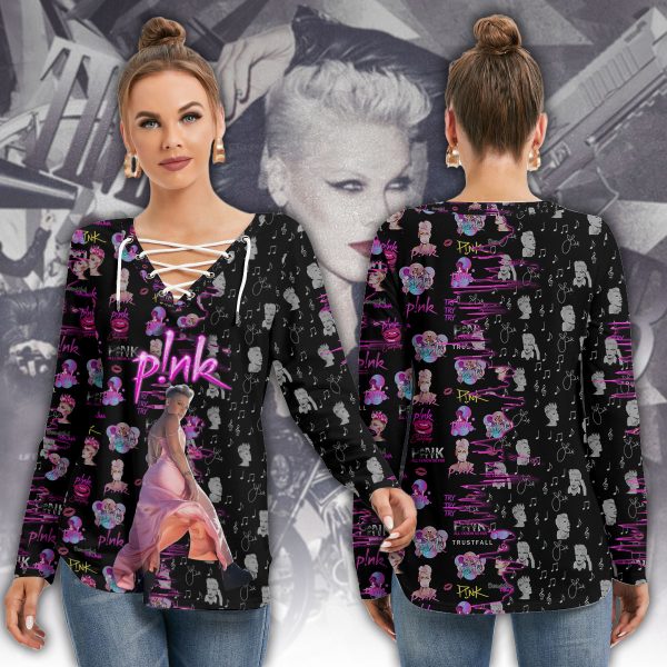P!nk Women's Long Sleeve Neckline Tie Sweatshirt - HOATT 6084