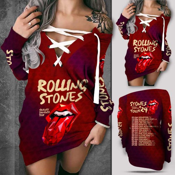 The Rolling Stones Off Shoulder Deep V-Neck Lace Up Long Sleeve Pullover - MAITM 7733