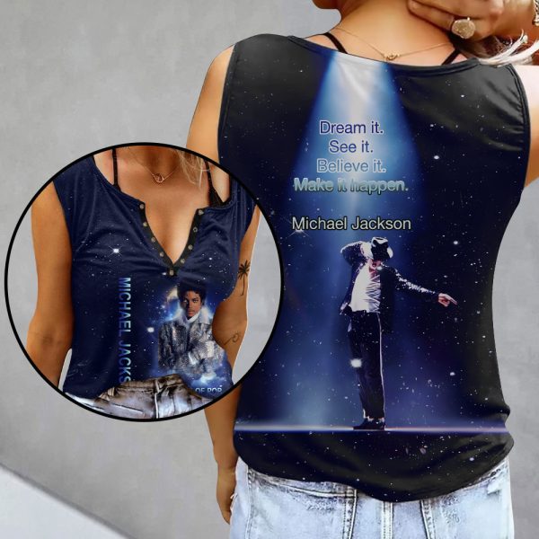 Michael Jackson Women's Button V-neck Sleeveless Shirt - HOATT 6280