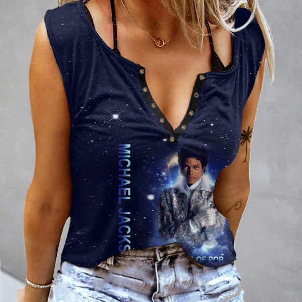 Michael Jackson Women's Button V-neck Sleeveless Shirt - HOATT 6280