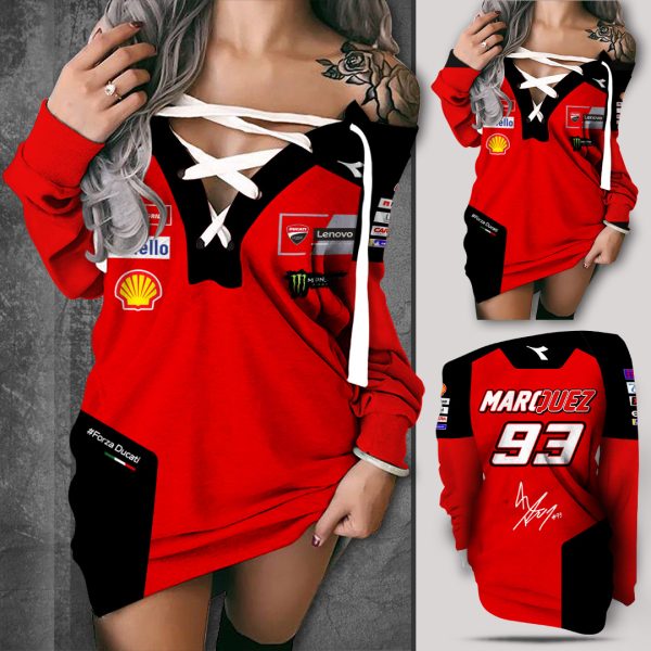 Ducati Lenovo Team x Marc Marquez Off Shoulder Deep V-Neck Lace Up Long Sleeve Pullover - TANTN 11530