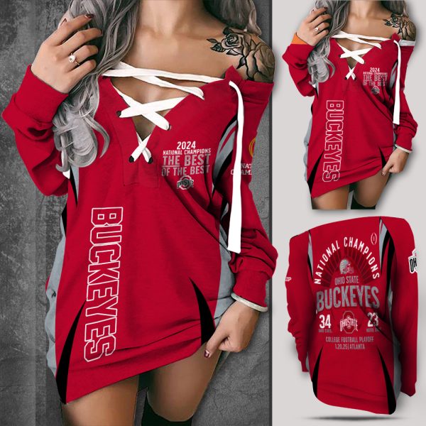 Ohio State Buckeyes Football Off Shoulder Deep V-Neck Lace Up Long Sleeve Pullover - MAITM 10160