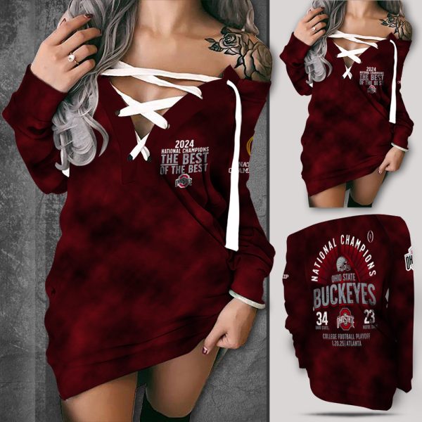 Ohio State Buckeyes Football Off Shoulder Deep V-Neck Lace Up Long Sleeve Pullover - MAITM 10249