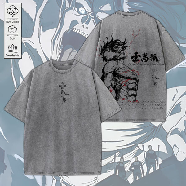 Eren Yeager x Attack on Titan 2D Acid Washed Cotton Shirt - MEDIA 059