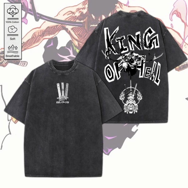 King Of Hell Zoro x One Piece 2D Acid Washed Cotton Shirt - MEDIA 114