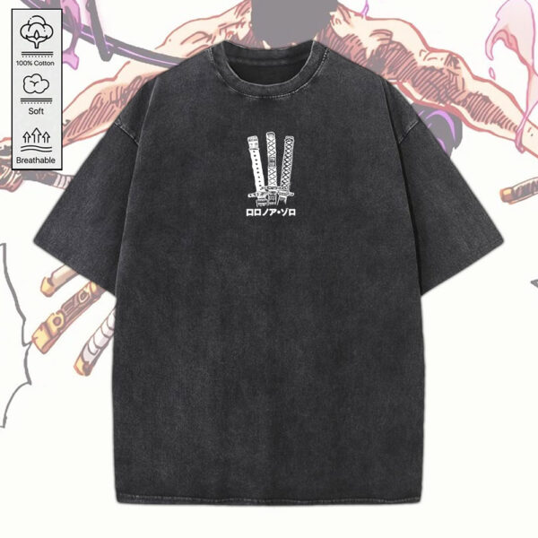 King Of Hell Zoro x One Piece 2D Acid Washed Cotton Shirt - MEDIA 114
