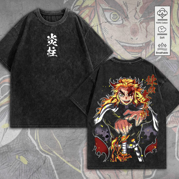 Kyojuro Rengoku x Demon Slayer 2D Acid Washed Cotton Shirt - MEDIA 118
